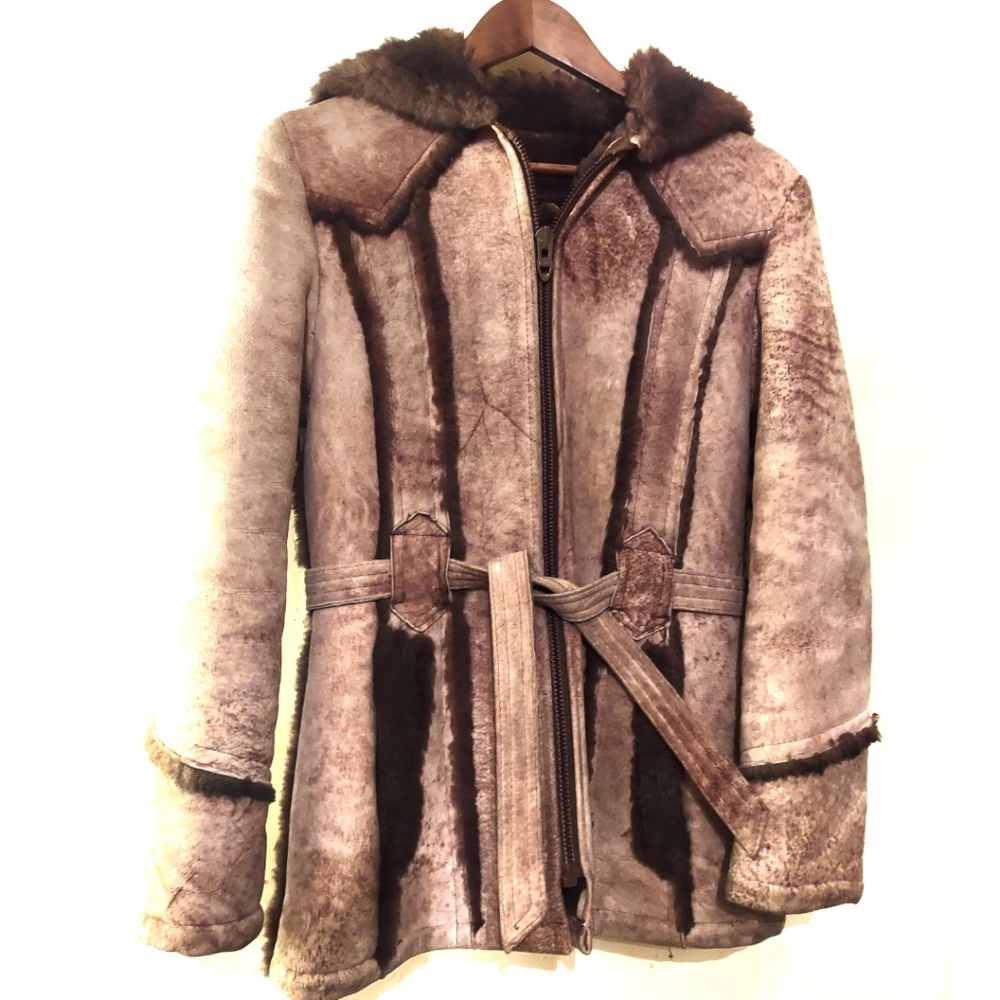 VINTAGE 70's Sheepskin Hooded Shearling Heavy Coat S